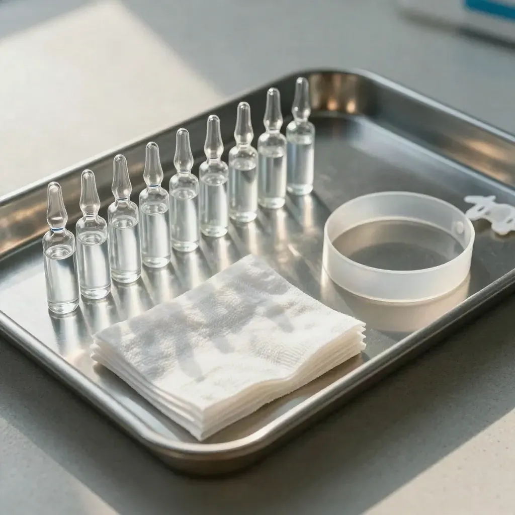 Plateau médical stérile avec ampoules, compresses et bracelet bleu sur béton clair.