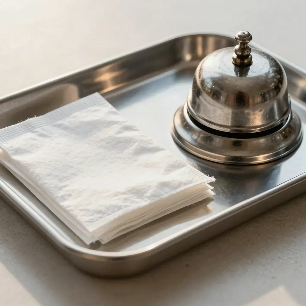 Plateau clinique en inox, compresses pliées et sonnette métallique sur pierre claire.