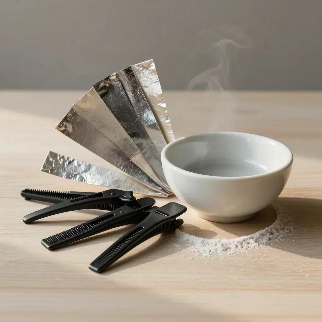 Clips de coiffure, bol de coloration et feuilles d’aluminium sur bois clair.