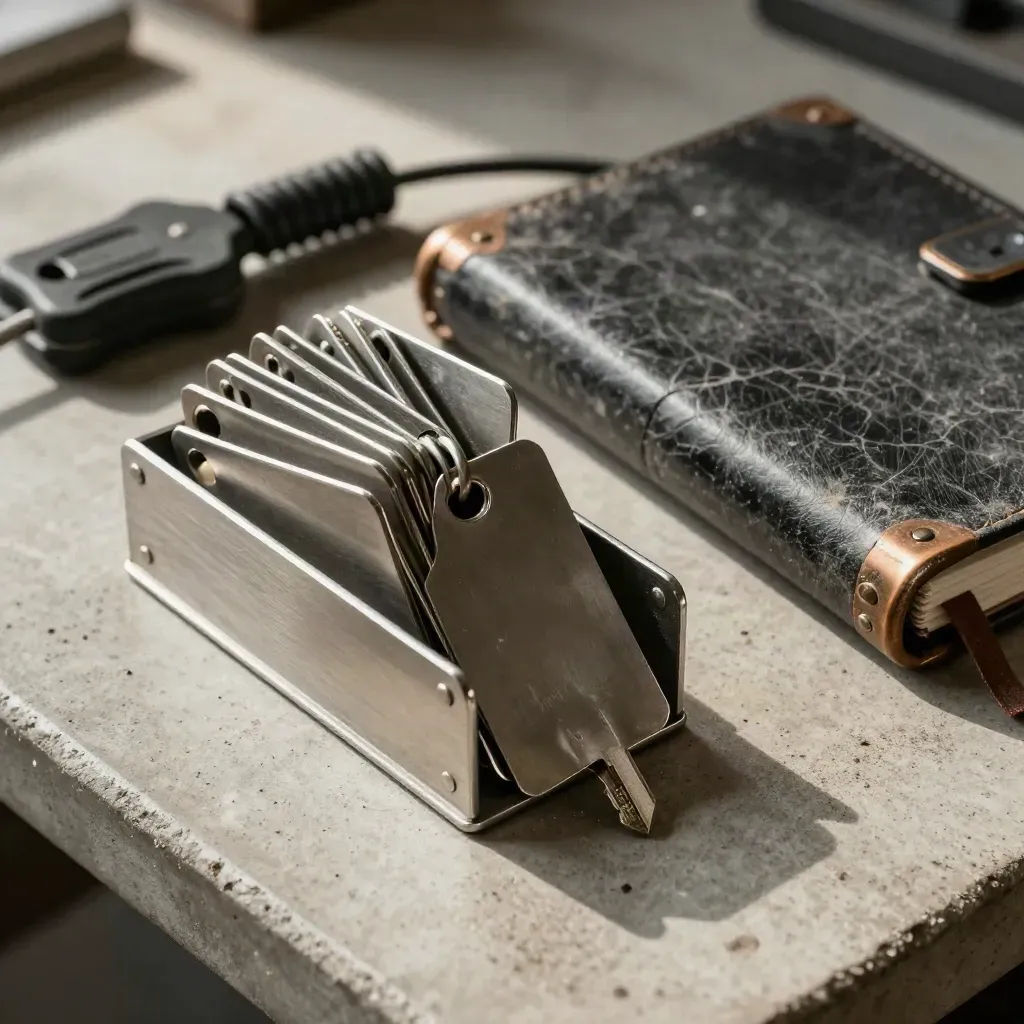 Râtelier à clés de dispatch, étiquettes métalliques, socle de charge et carnet fermé sur béton gris.