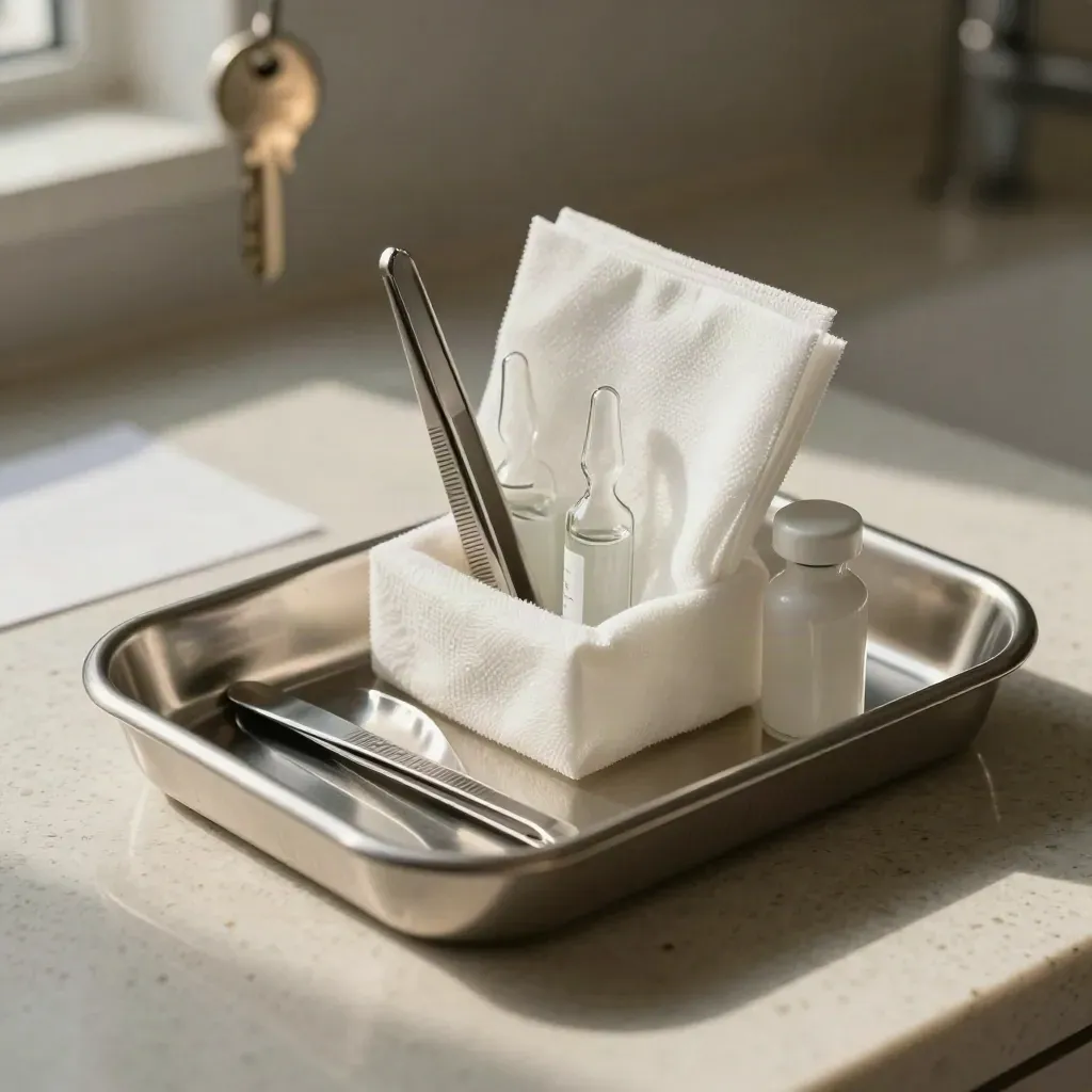 Plateau médical en inox, pinces, ampoules et gaze sur travertin.
