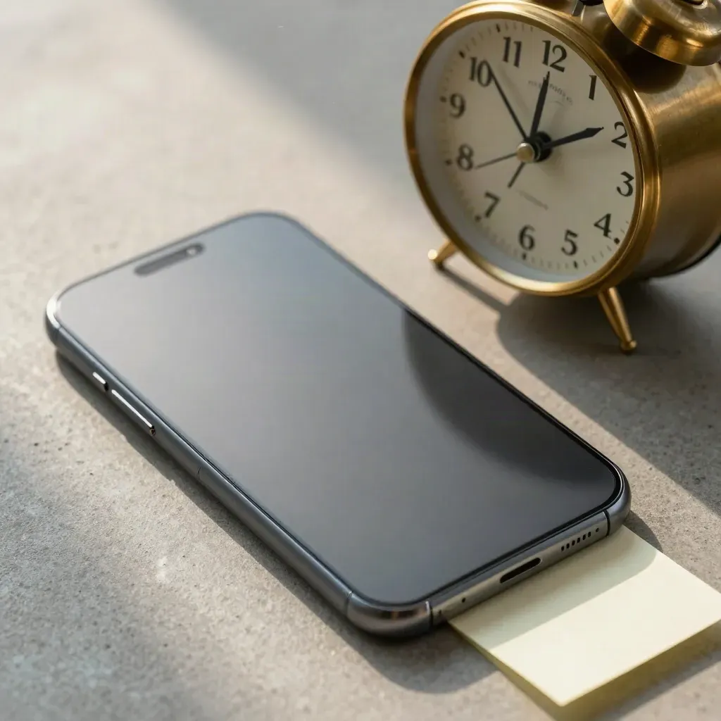 Smartphone retourné, petit réveil en laiton et carte de rappel sur fond gris, lumière douce.