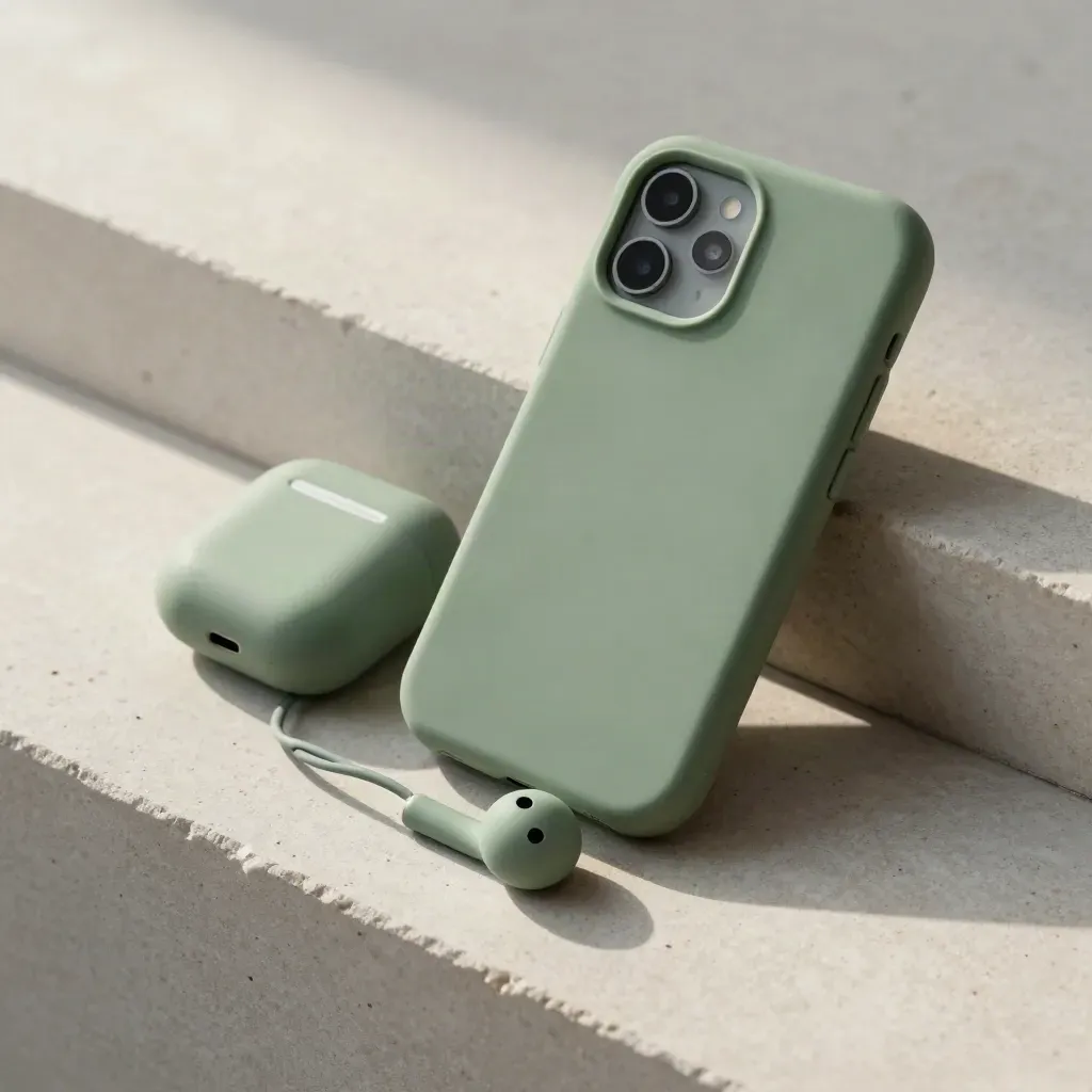 Smartphone face vers le bas dans une coque vert sauge, avec étui d’écouteurs et câble sur pierre grise.