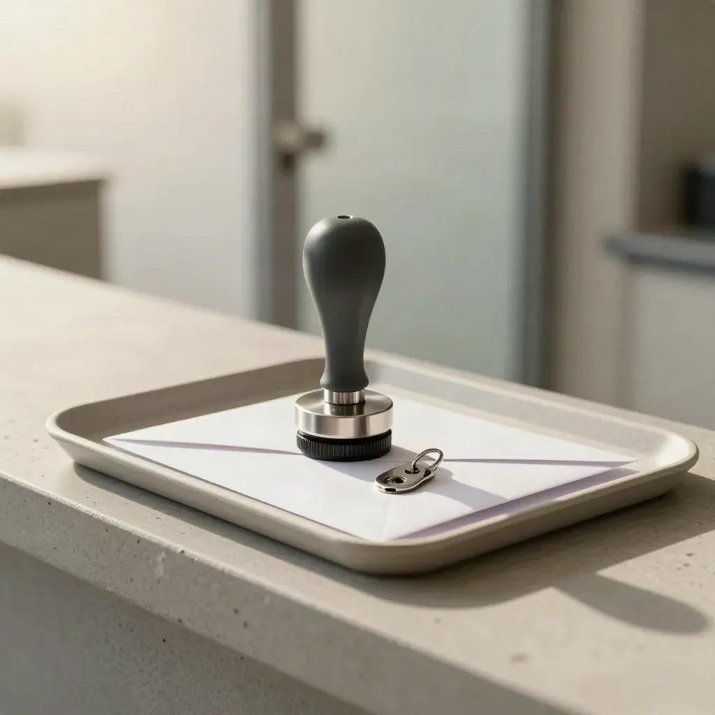Tampon de validation, enveloppe scellée et porte-clés métal sur béton clair.
