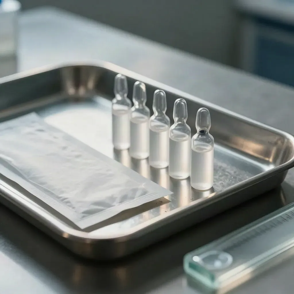 Plateau clinique en acier, swabs et fioles sous une vitre givrée, lumière froide.