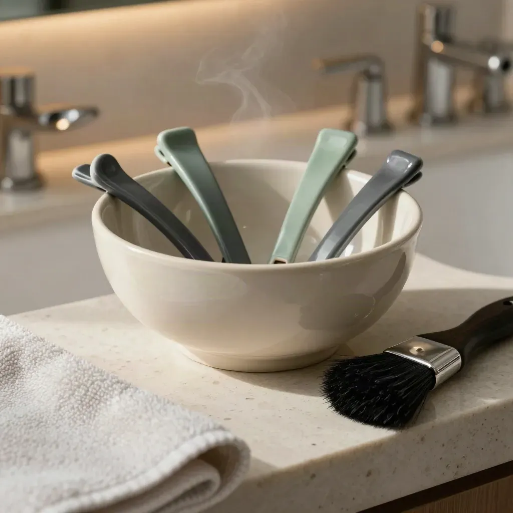 Bol de coloration, pinces, brosse ronde et serviette sur un plan de salon, lumière dramatique.