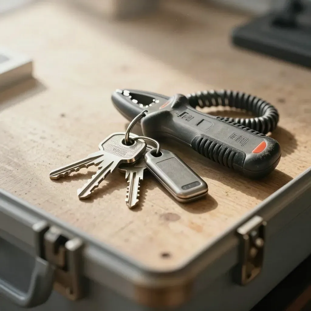 Gros plan d’un trousseau, d’un testeur de câble et de fobs dans un atelier, vu à travers une caisse floue.