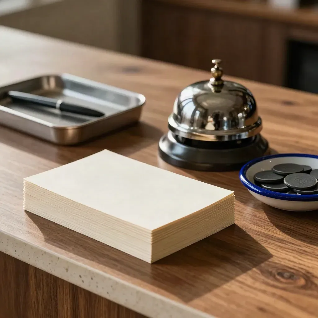 Gros plan d’une sonnette de réception, cartes de rendez-vous et vide-poche de jetons sur un comptoir en noyer.