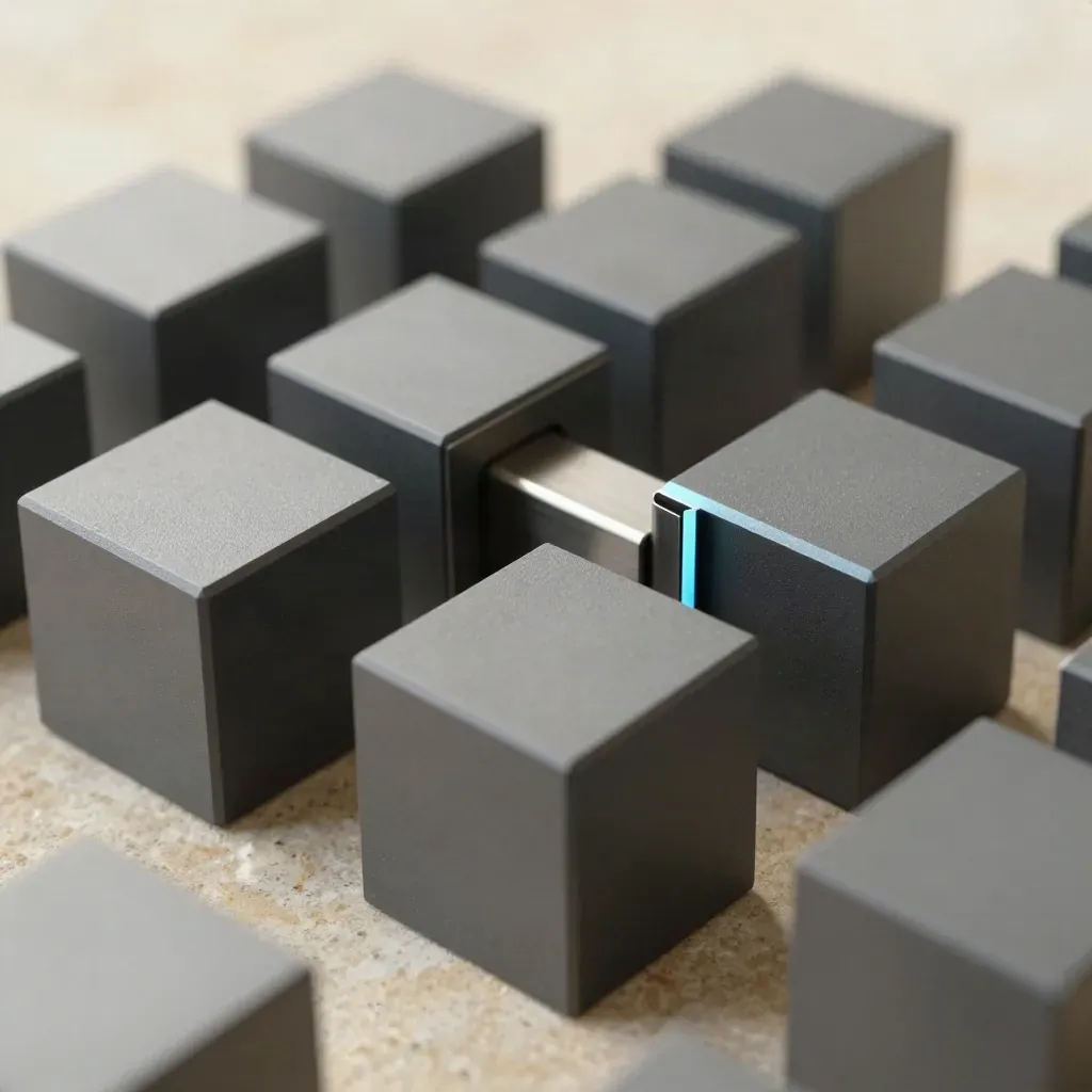 Gros plan de cubes modulaires, entretoise et plaque connectrice bleus sur pierre claire.