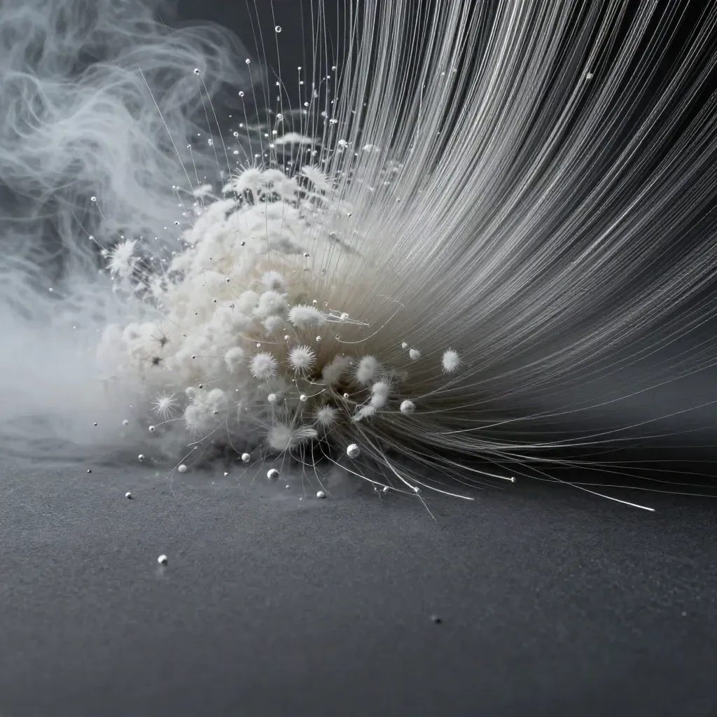 Filaments argentés vers une lueur blanche sur fond graphite, avec brume et particules.